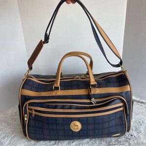 Vintage ACE  Navy Plaid Travel Duffle Bag with Tan Trim